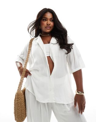 ASOS DESIGN Curve crinkle co-ord beach shirt in white