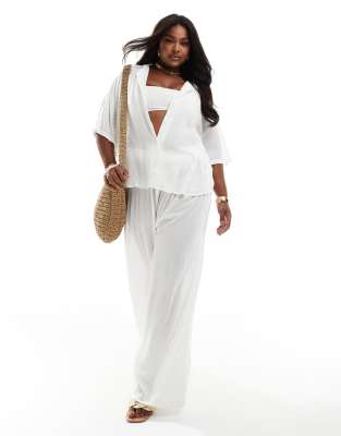 ASOS DESIGN Curve crinkle co-ord wide leg beach trouser in white-Neutral