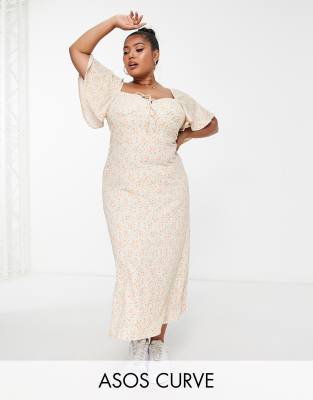 Asos Curve Asos Design Curve Crinkle Flutter Sleeve Midi Dress With Tie Detail In Cream And Pink Floral-multi