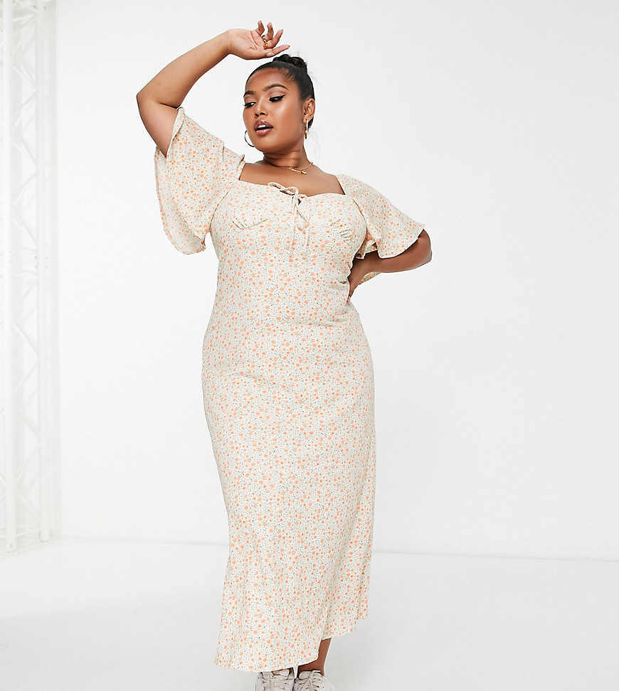 Asos Curve Asos Design Curve Crinkle Flutter Sleeve Midi Dress With Tie Detail In Cream And Pink Floral-multi