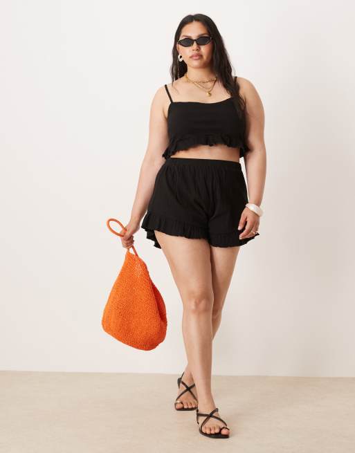ASOS DESIGN Curve crinkle frill hem crop top in black - part of a set, 2 of 4