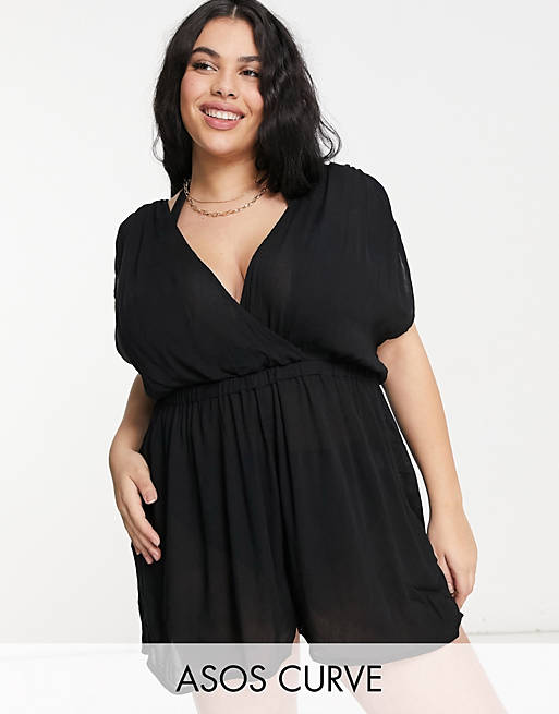 Jumpsuits & Playsuits curve crinkle gathered plunge beach playsuit in black 