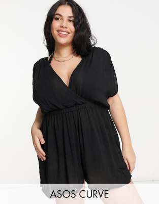 ASOS DESIGN Curve crinkle gathered plunge beach romper in black