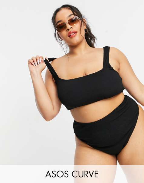 ASOS DESIGN Curve crinkle high leg high waist bikini bottom in black - view 1