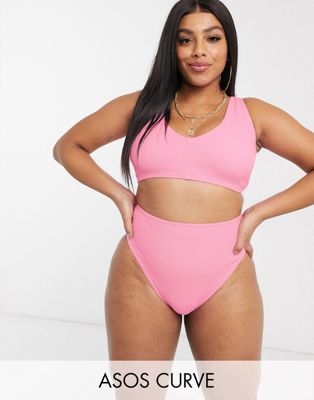 ASOS DESIGN curve crinkle high waist bikini bottom in dolly pink
