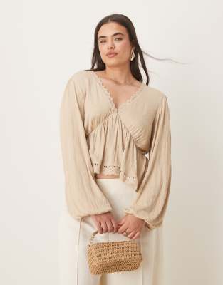 Asos Curve Asos Design Curve Crinkle Long Sleeve Tie Back Embroidered Hem Top