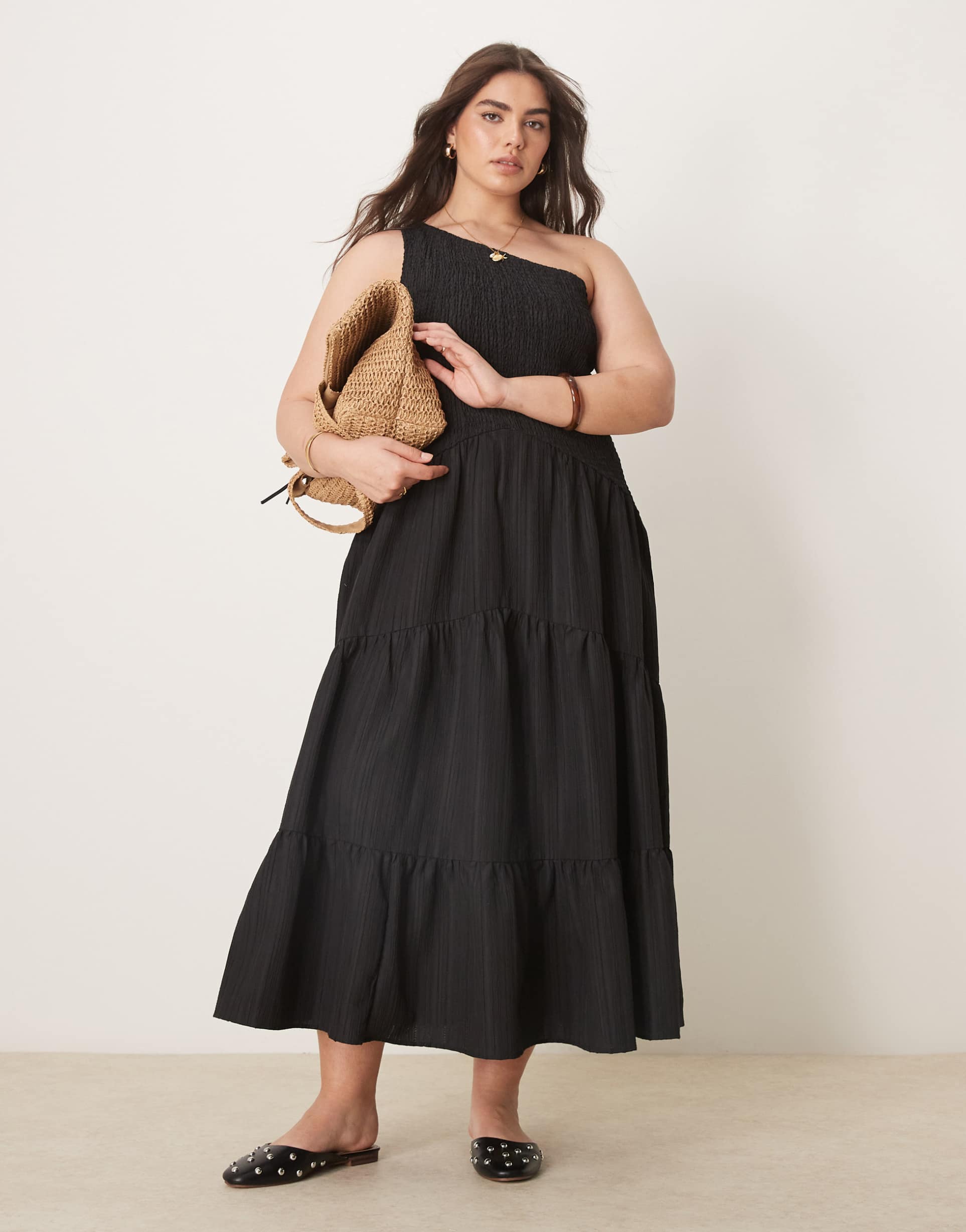 asos design curve crinkle midi dress with asymmetric neckline in black