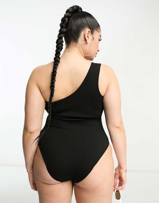 Free Society one shoulder cut out swimsuit in black and white