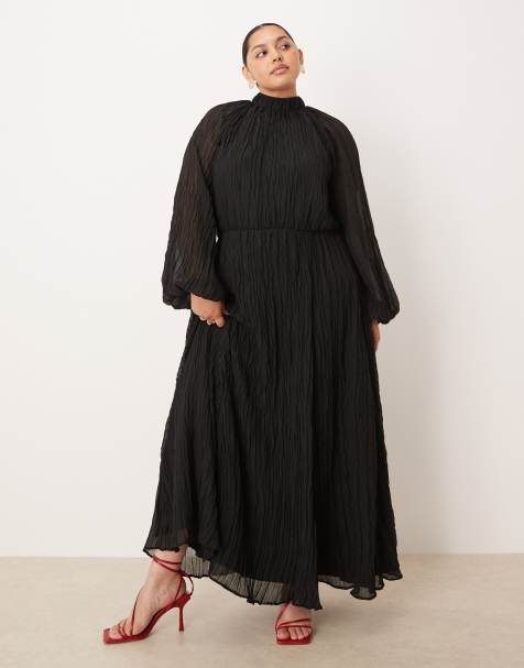 ASOS DESIGN Curve crinkle pleated blouson sleeve high neck maxi dress in black - view 1