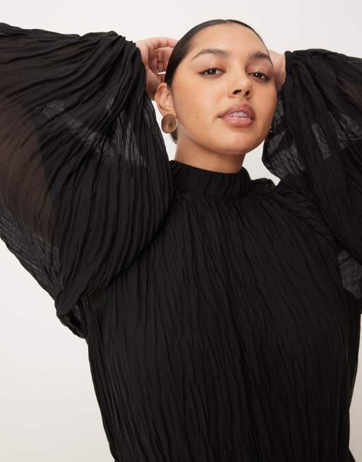 ASOS DESIGN Curve crinkle pleated blouson sleeve high neck maxi dress in  black