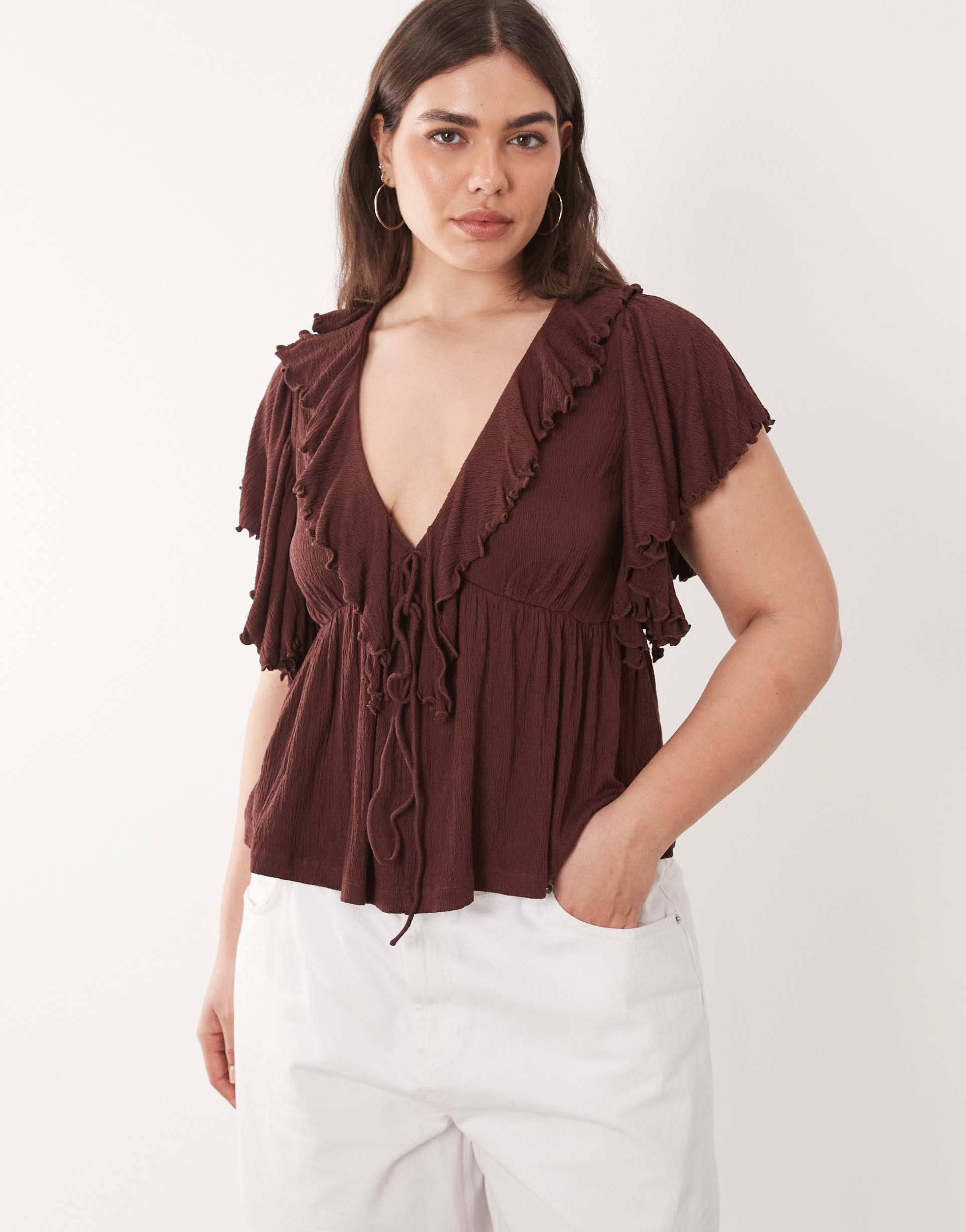 asos design curve crinkle plunge ruffle flutter sleeve top in chocolate