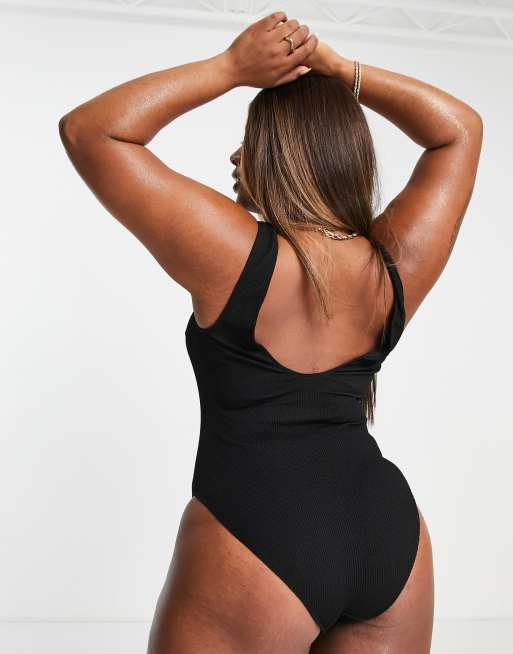 ASOS DESIGN Curve crinkle scoop low back swimsuit in black ASOS