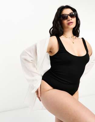 Asos Curve Asos Design Curve Crinkle Scoop Low Back Swimsuit In Black