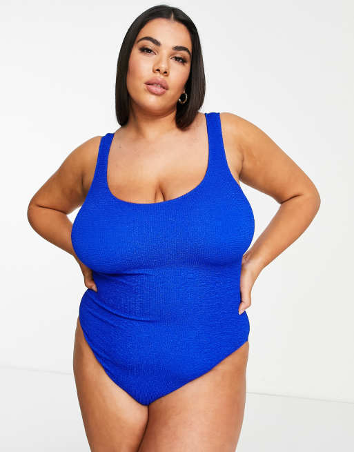 ASOS DESIGN crinkle scoop low back swimsuit in cobalt blue