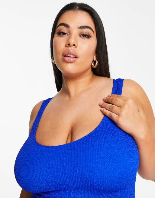 ASOS DESIGN crinkle scoop low back swimsuit in cobalt blue