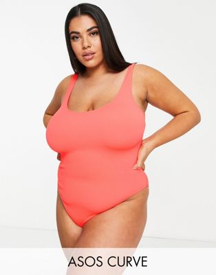 ASOS DESIGN Curve crinkle scoop low back swimsuit in coral - ASOS Price Checker
