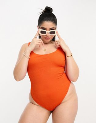 ASOS DESIGN Curve crinkle scoop low back swimsuit in deep orange