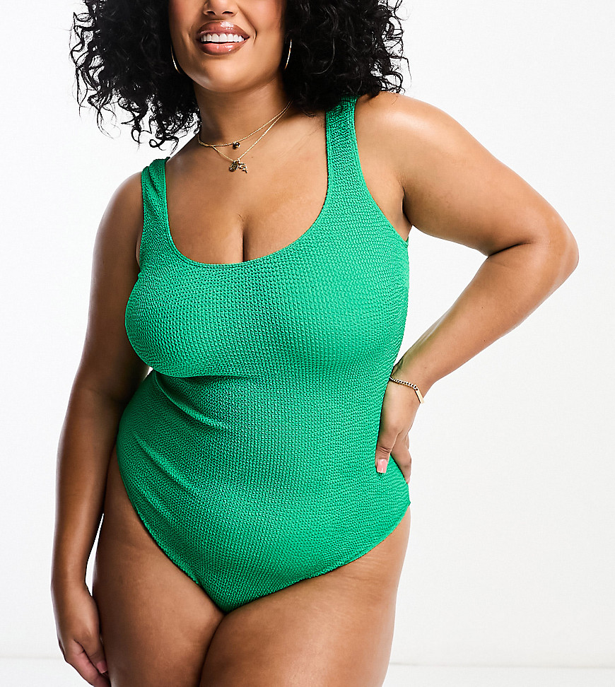 Asos Curve Asos Design Curve Crinkle Scoop Low Back Swimsuit In Jewel Green