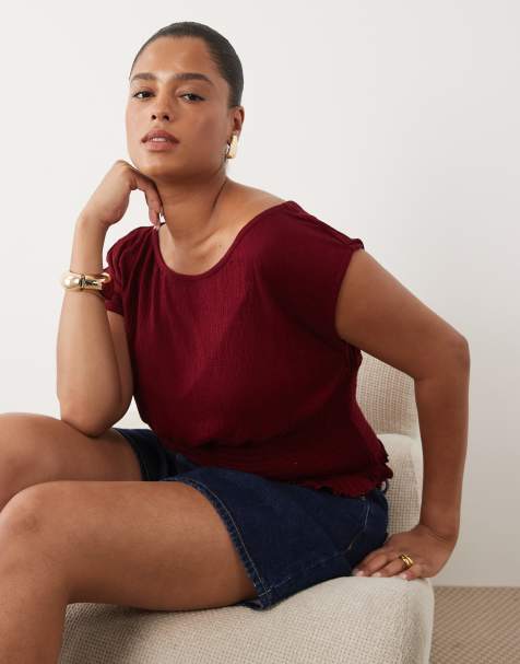 ASOS DESIGN Curve crinkle shirred off the shoulder top in berry - part of a set - view 1