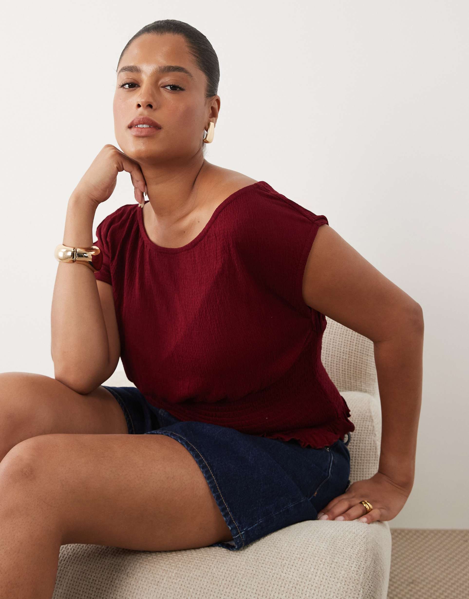 asos design curve crinkle shirred off the shoulder top in berry - part of a set