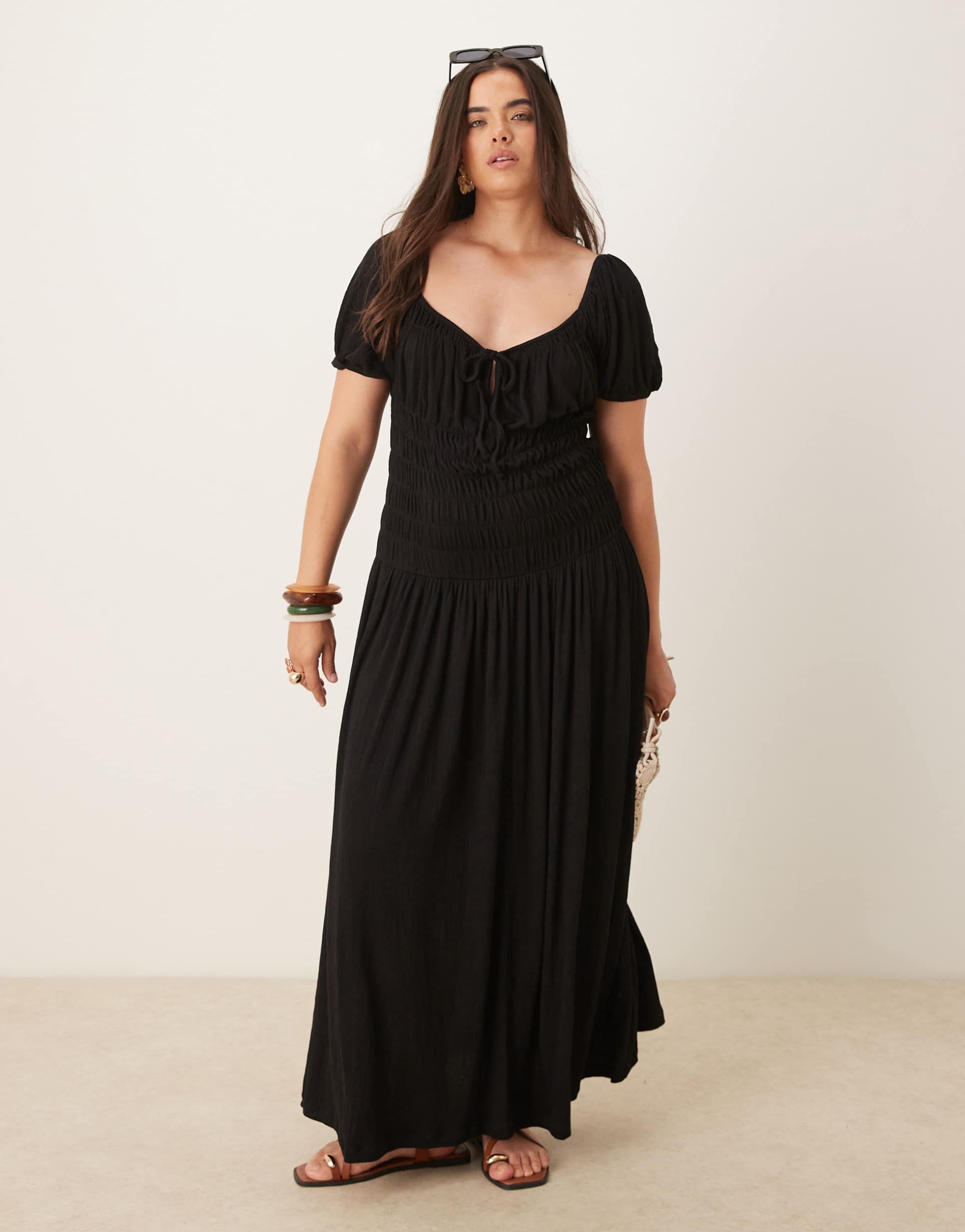 asos design curve crinkle shirred waist milkmaid puff sleeve maxi day dress in black