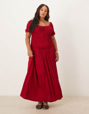 ASOS DESIGN Curve crinkle shirred waist milkmaid puff sleeve midi day dress in burgundy-Multi