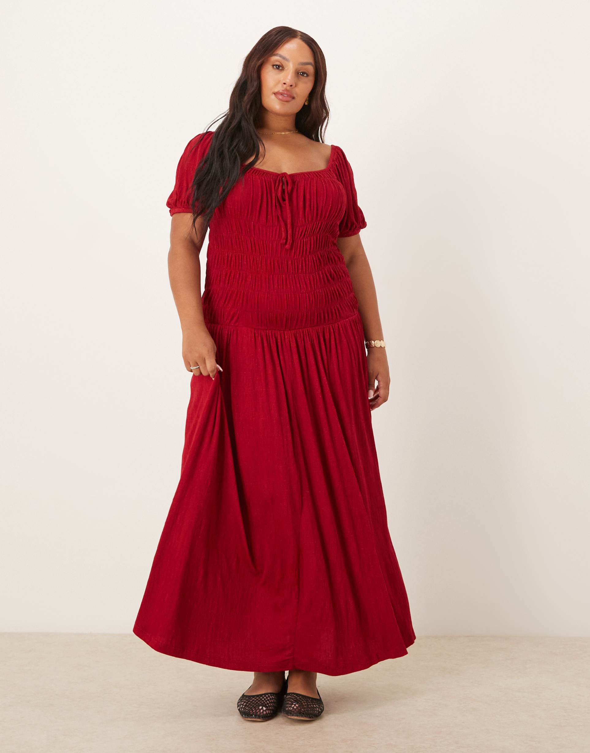 asos design curve crinkle shirred waist milkmaid puff sleeve midi day dress in burgundy