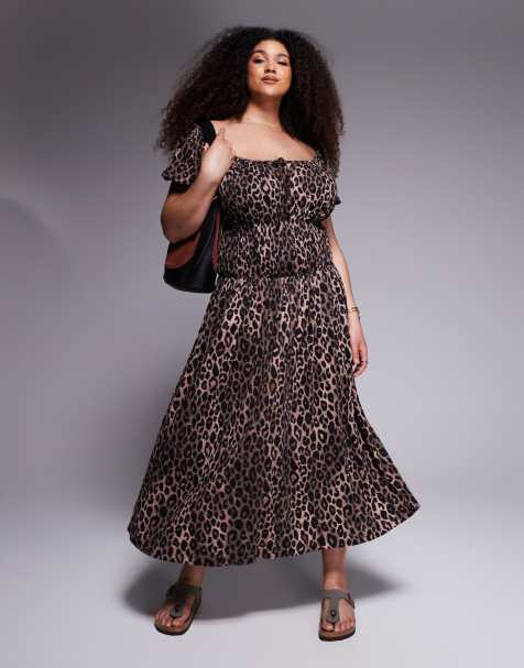 ASOS DESIGN Curve crinkle shirred waist milkmaid puff sleeve midi tea dress in leopard print - view 1