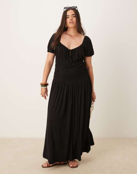 ASOS DESIGN Curve crinkle shirred waist milkmaid puff sleeve tea dress in black - view 1