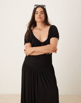 Asos Curve Asos Design Curve Crinkle Shirred Waist Milkmaid Puff Sleeve Tea Dress