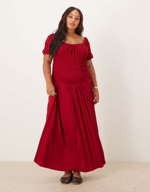 ASOS DESIGN Curve crinkle shirred waist milkmaid puff sleeve tea dress in burgundy