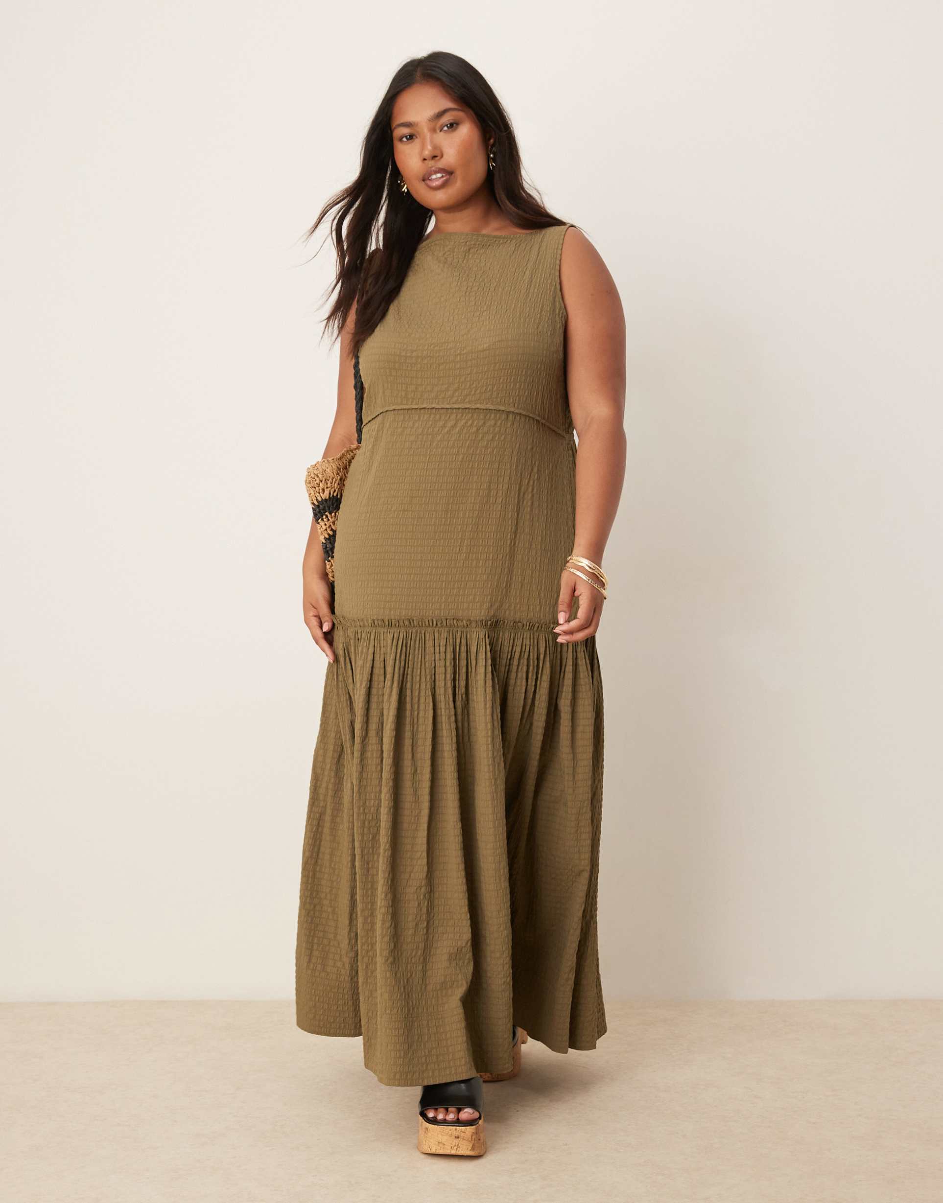 asos design curve crinkle slash neck maxi dress with seaming detail in olive