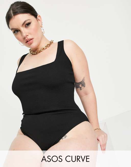 ASOS DESIGN Curve crinkle square neck swimsuit in black