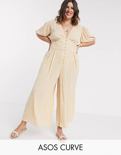 ASOS DESIGN curve crinkle tea jumpsuit with puff sleeve in stone