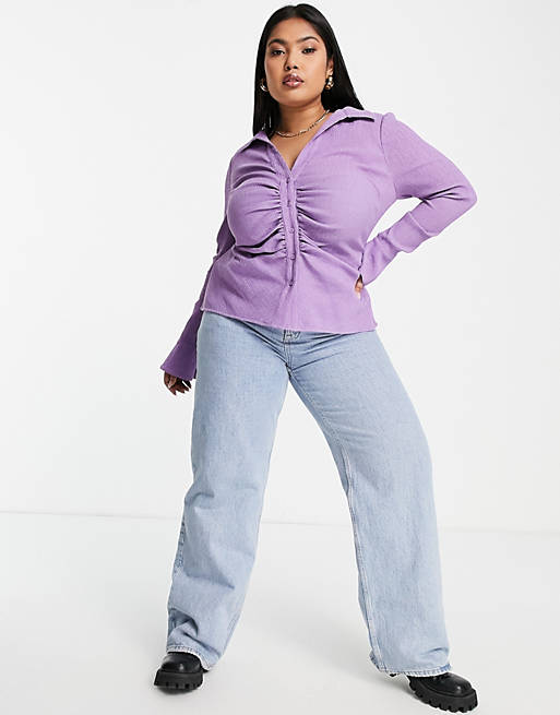 Women Shirts & Blouses/Curve crinkle textured ruched front shirt in dusty lilac 