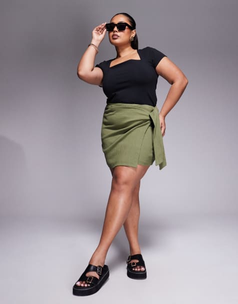 ASOS DESIGN Curve crinkle tie side mini skirt in khaki green - view 1