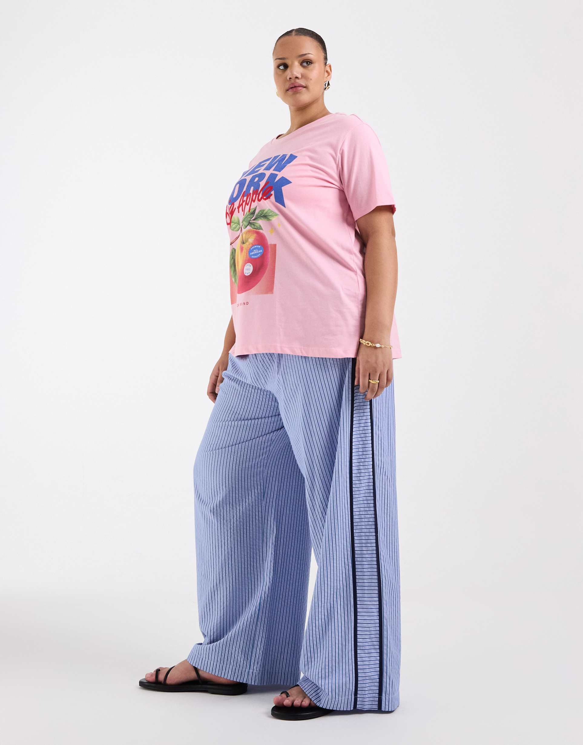 asos design curve crinkle tipped pull on pants with waist tie in blue stripes