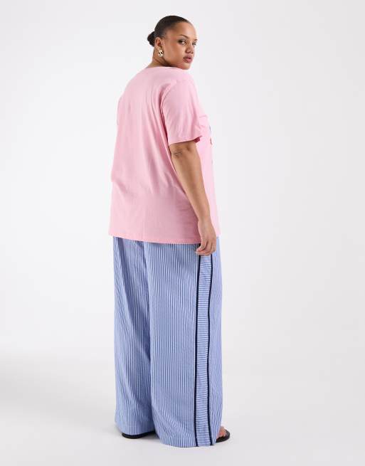 ASOS DESIGN Curve crinkle tipped pull on trousers with tie in blue stripe, 3 of 4