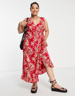 ASOS DESIGN Curve crinkle wrap midi sundress with buckle in red palm-Multi