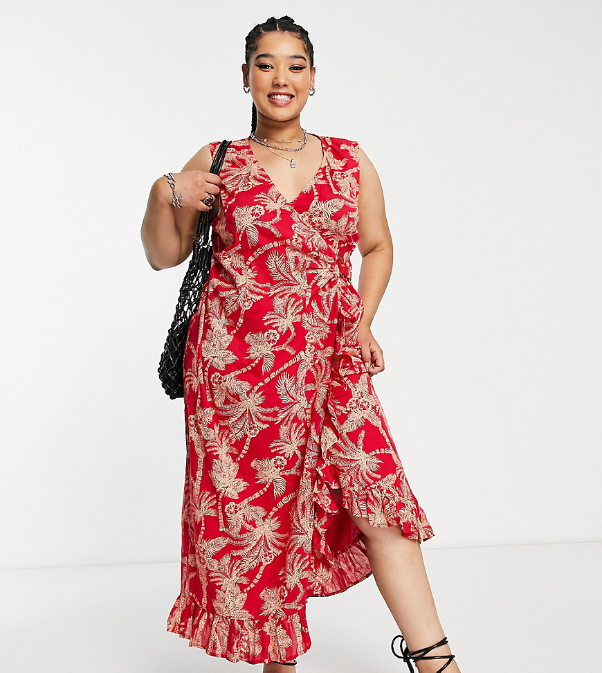 Asos Curve Asos Design Curve Crinkle Wrap Midi Sundress With Buckle In Red Palm-multi