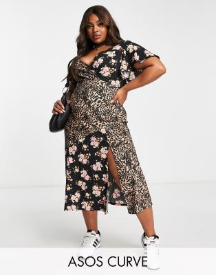 ASOS DESIGN Curve crinkle wrap midi tea dress in leopard and ditsy print-Multi