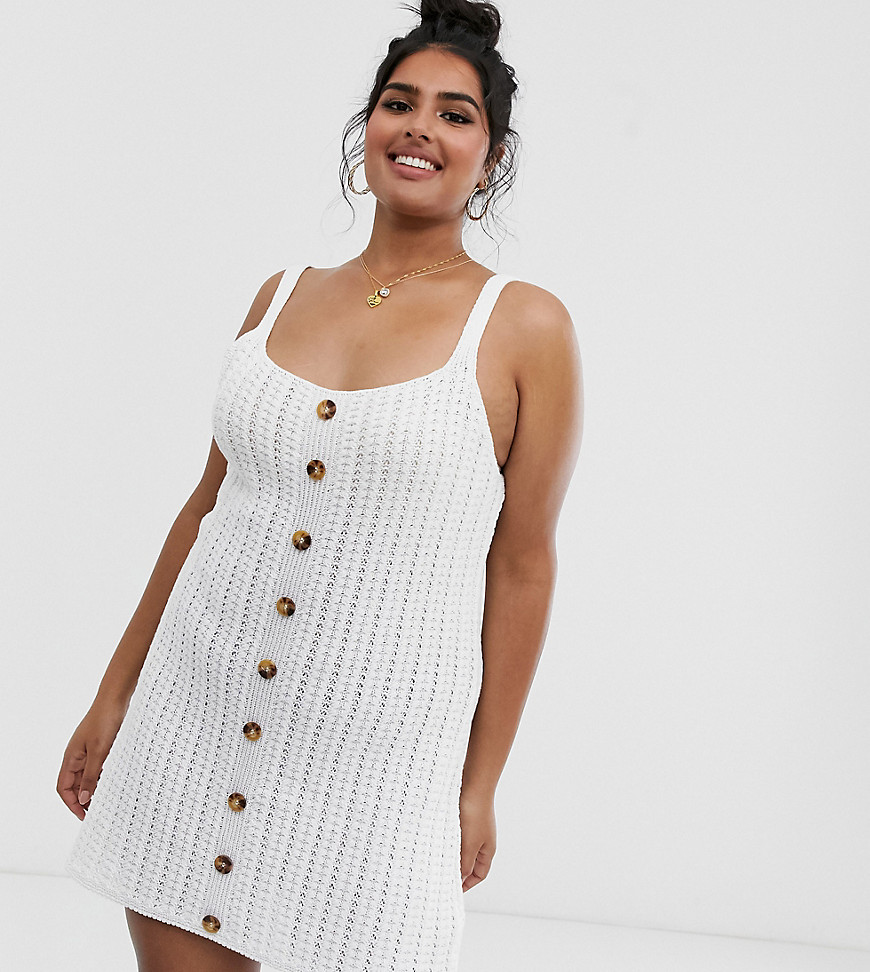 ASOS DESIGN Curve crochet button up mini dress-White