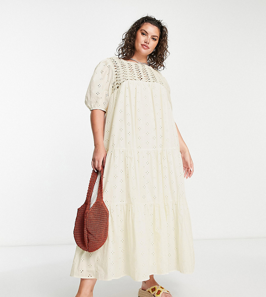 Plus-size dress by ASOS DESIGN All other dresses can go home Round neck Puff sleeves Crochet insert Tie-keyhole back Smock style Regular fit