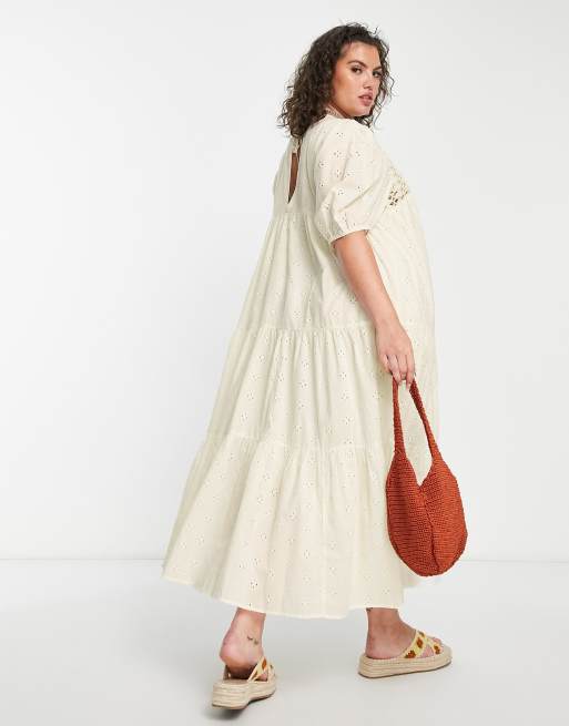 ASOS DESIGN Curve crochet insert broderie midi dress in natural, 2 of 4