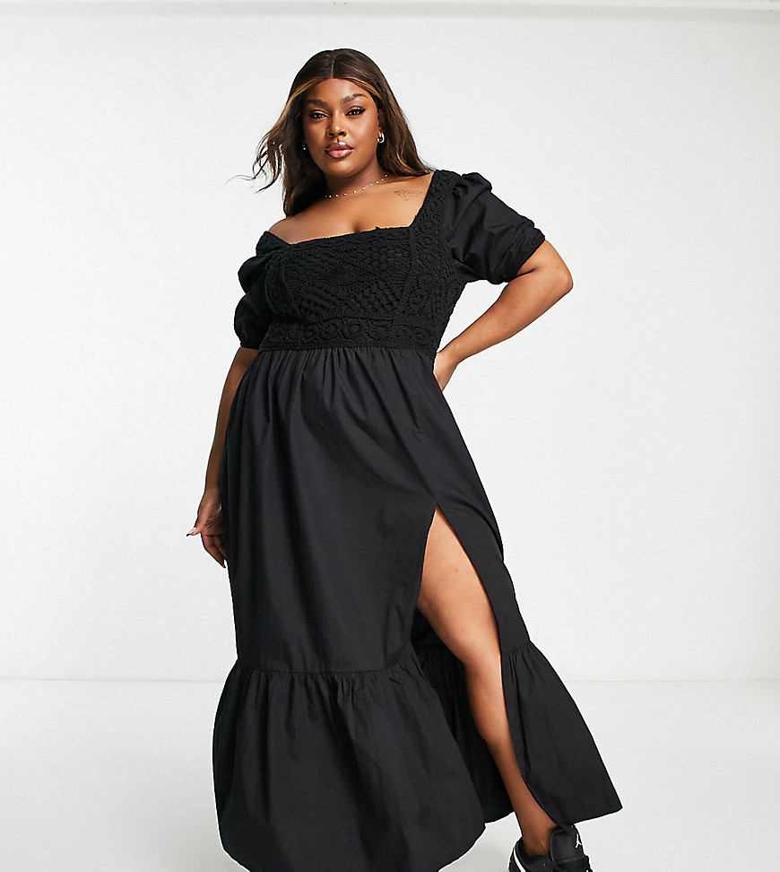 Asos Curve Asos Design Curve Crochet Insert Cotton Poplin Maxi Dress In Black