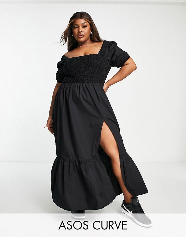 ASOS DESIGN Curve crochet insert cotton poplin maxi dress in black