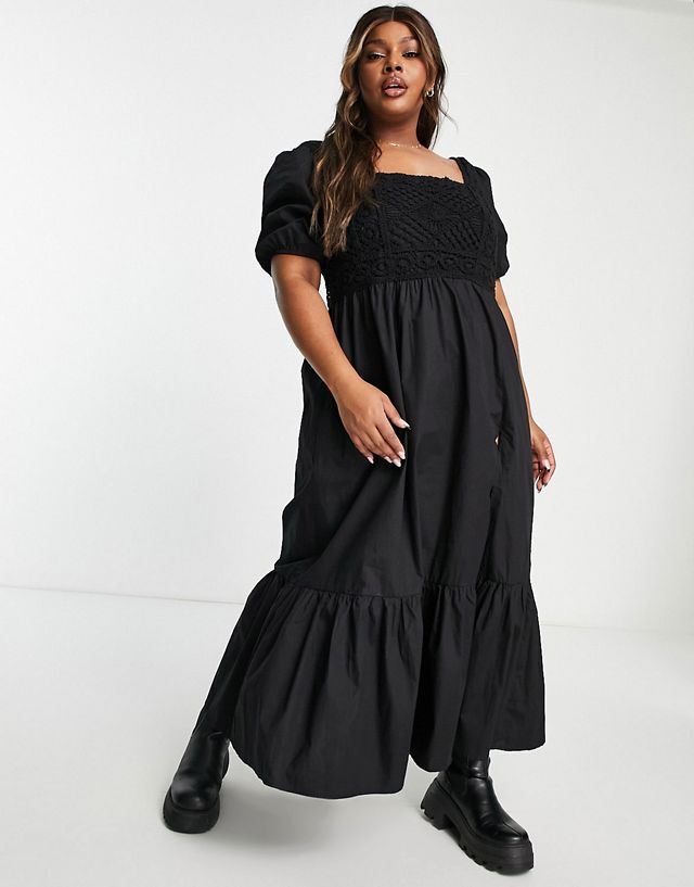 ASOS DESIGN Curve crochet insert cotton poplin maxi dress in black PB10237