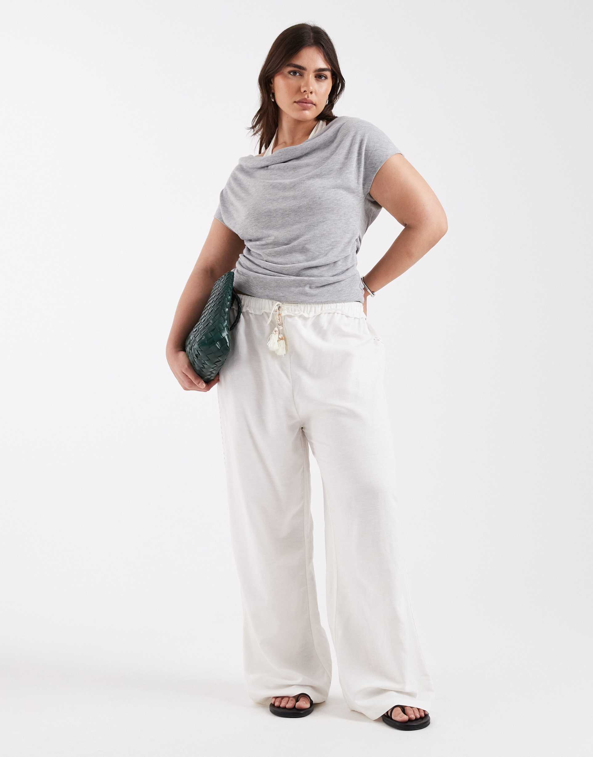 asos design curve crochet insert wide leg pants with tassel tie in ivory - part of a set