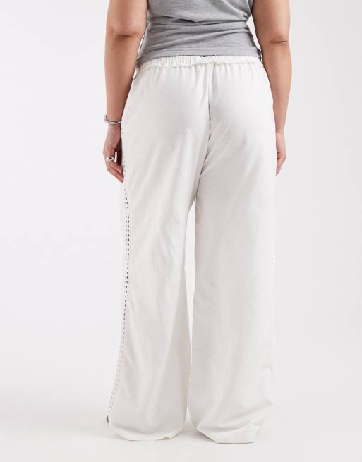 ASOS DESIGN Curve crochet insert wide leg trousers co-ord with tassel tie in ivory, 2 of 5