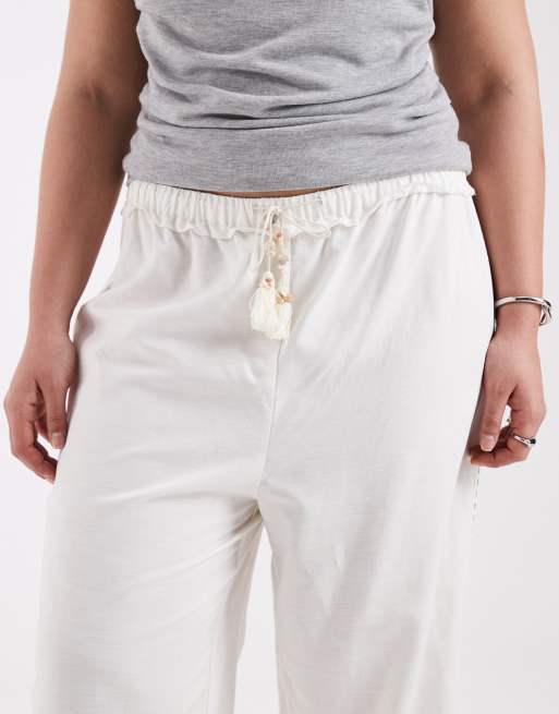 ASOS DESIGN Curve crochet insert wide leg trousers co-ord with tassel tie in ivory, 4 of 5